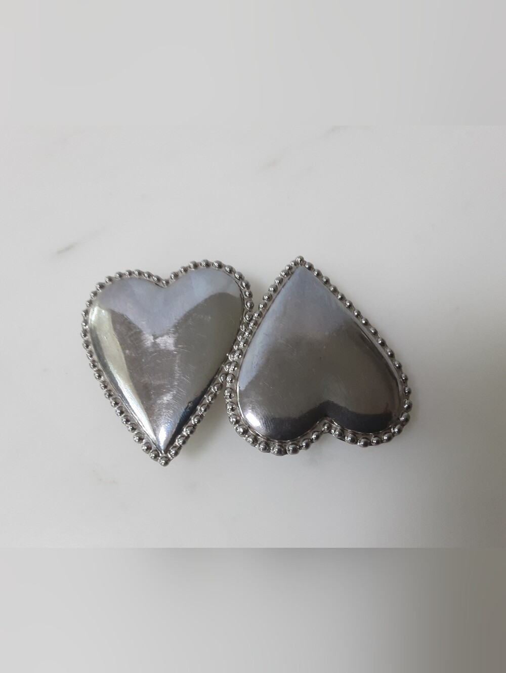 Double Hearts Silver Tone Beaded Edge Belt Buckle - Vtg